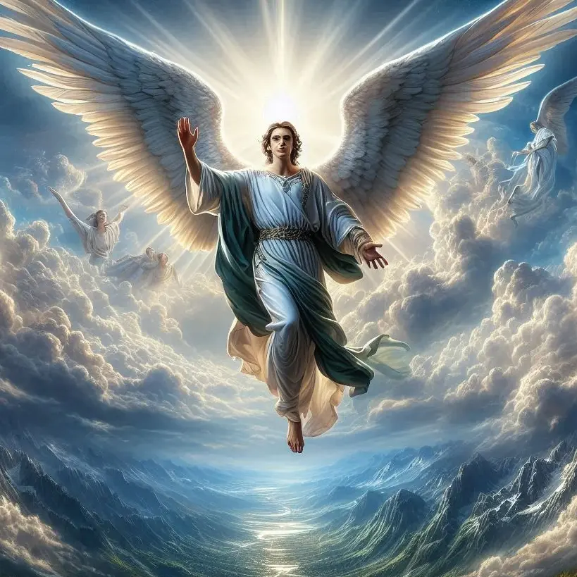 "Archange Gabriel jouant de la trompette, symbole de messages célestes et d'éveil spirituel."
