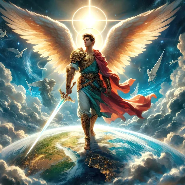 L'Archange Michael, protecteur céleste et chef des armées angéliques, lutte contre les forces des ténèbres et guide les âmes vers la lumière, offrant protection, courage et justice divine.