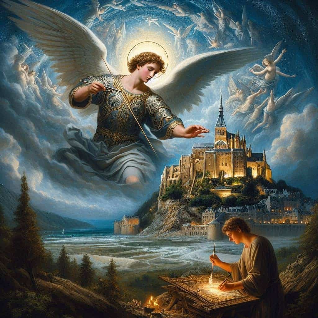 L'Archange Michel, protecteur céleste et guide spirituel, surplombant le Mont Saint-Michel, symbole de sa force et de sa protection divine."