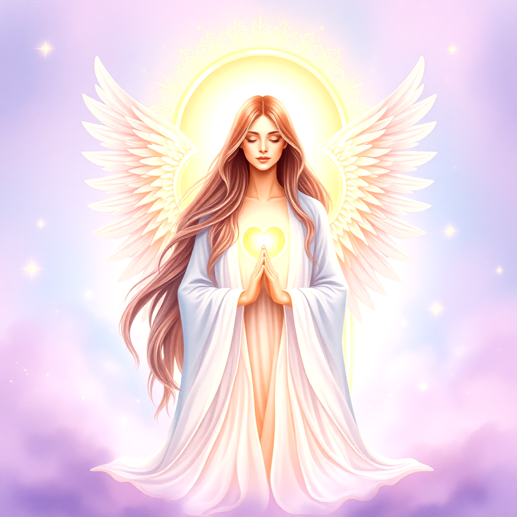 Un ange en prière, baigné de lumière dorée, les ailes déployées dans une atmosphère sacrée et paisible, symbolisant la foi intérieure, la guidance divine et la lumière de l’âme qui éclaire le chemin.