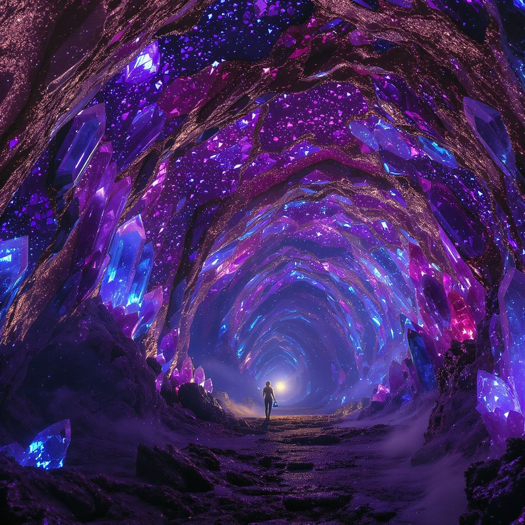 Une grotte cristalline illuminée par une lumière douce, symbolisant l’exploration intérieure et la découverte de la lumière au cœur de l’ombre.
