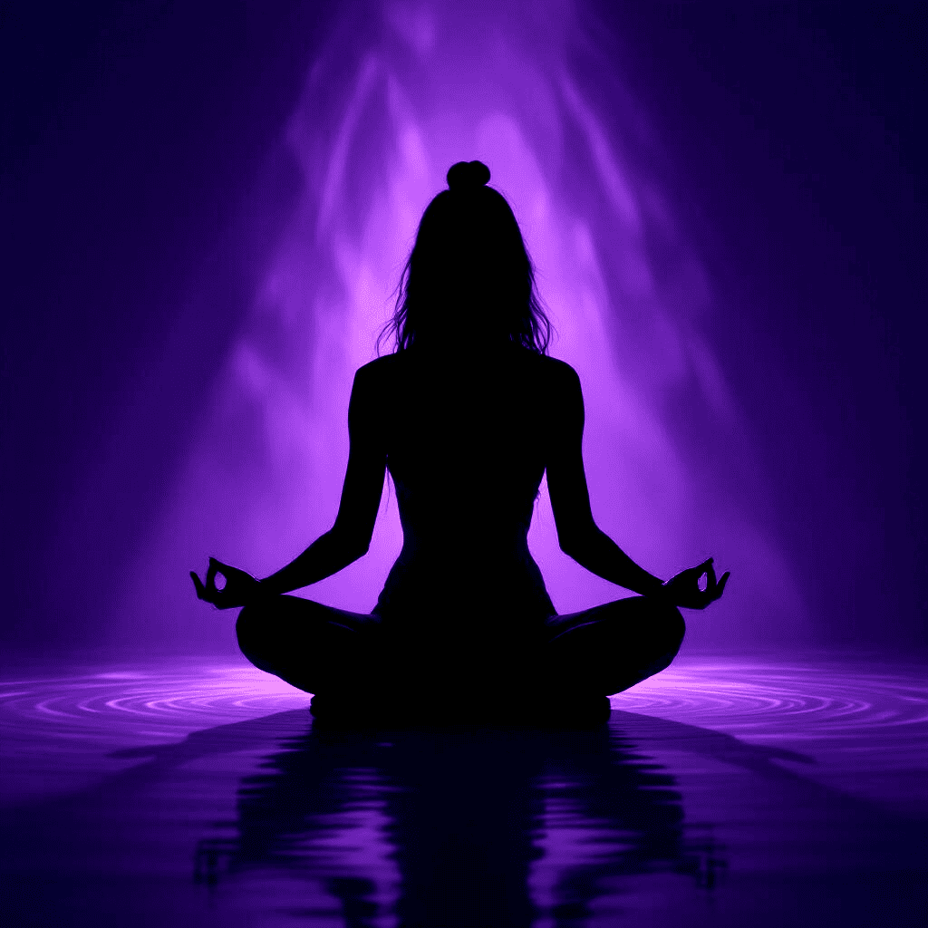 Silhouette méditative traversant une lumière violette(1) Silhoutte traversant une lumiere violette