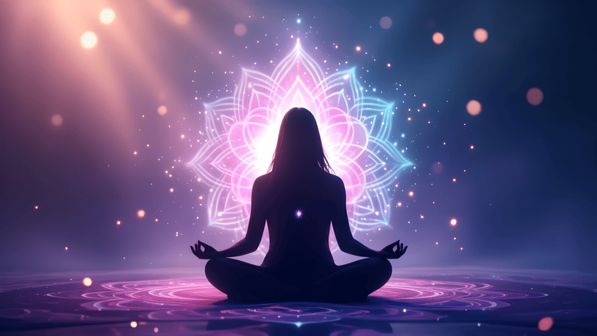 Eveil & Harmonie Silhouette méditative entourée d’une aura lumineuse violette, rose et bleu, symbolisant l’éveil spirituel et l’harmonie intérieure.